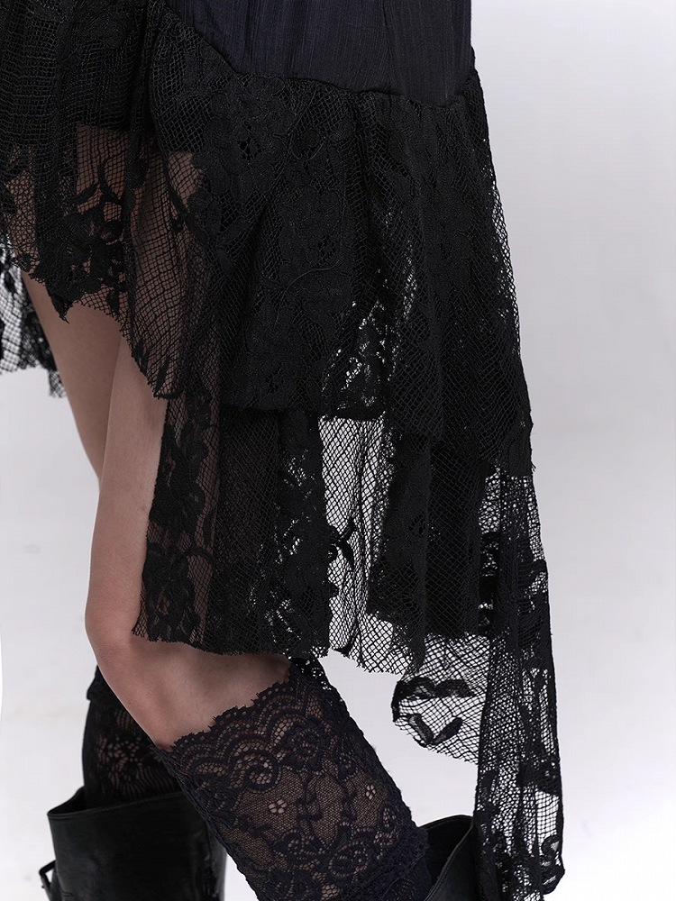Patchwork Black Lace Cascading Ruffles Skirt
