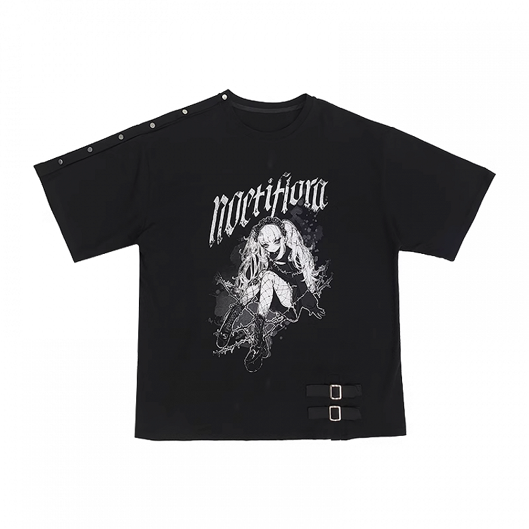 Y2K Black Snap Details Neckline Anime Print Girl Loose T-shirt