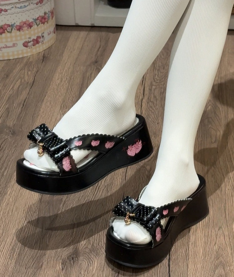Platform Strawberry Top Black Print Slippers Bow Lolita Wa at