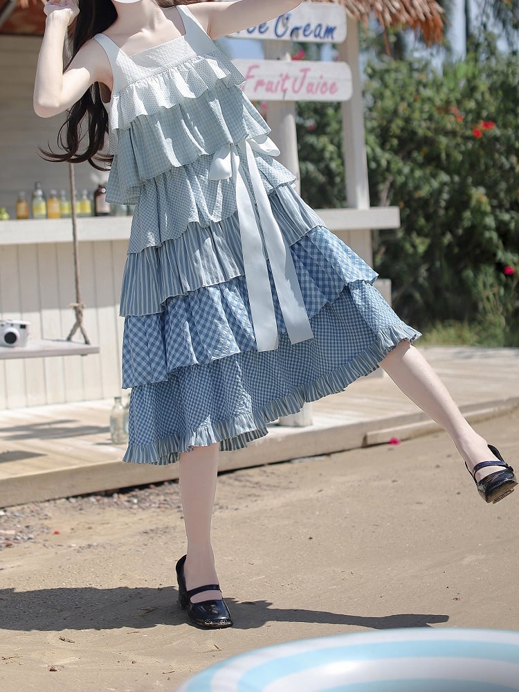 Blau mit Patchwork Urlaub Taille ärmelloses Kleid Stufenrock Gürtel