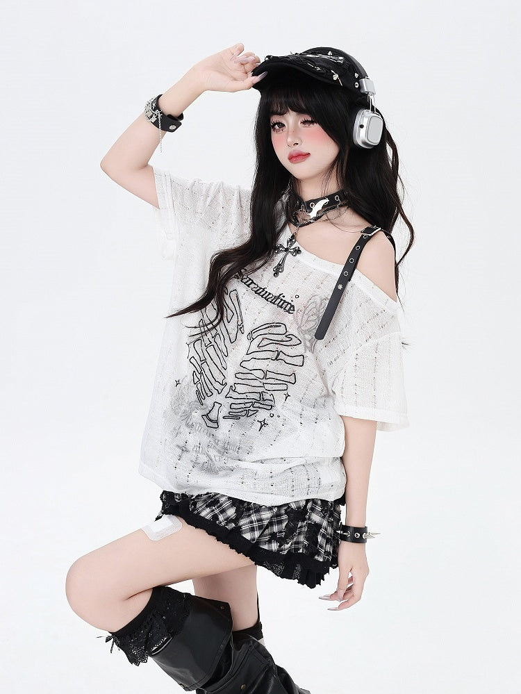 Y2K Asymmetrical Neckline Skeleton Heart Print Black/Gray/White T-Shirt