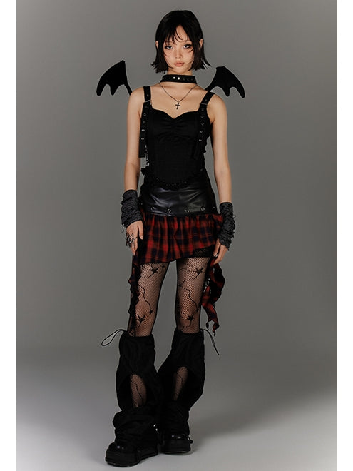 Ruffled Black PU Punk Skirt Hem Y2K Asymmetrical Red Plaid