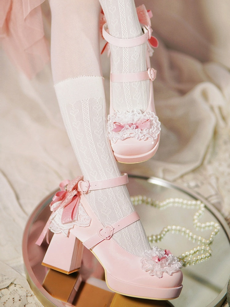 Rosa High Trim Lace Heels Herz Top Schleife an Block Schnallen geknotet