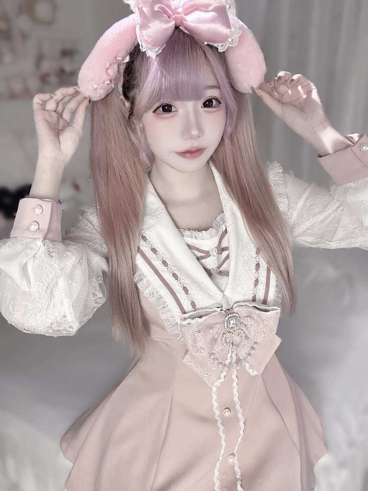 Dress Collar Matching and Sleeves Shorts Sailor Kei Long Navycore Jirai Pink Outfit -