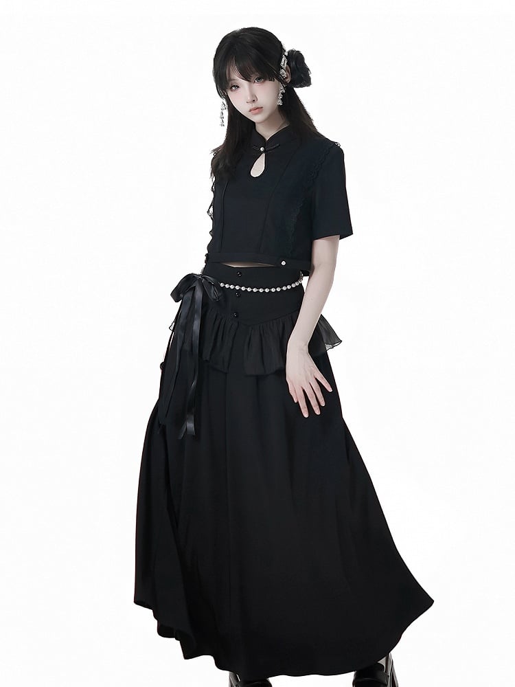 Black Cheongsam Waist Chain Corset Belt Set Free Style Long Skirt with Flounce Beaded Hem