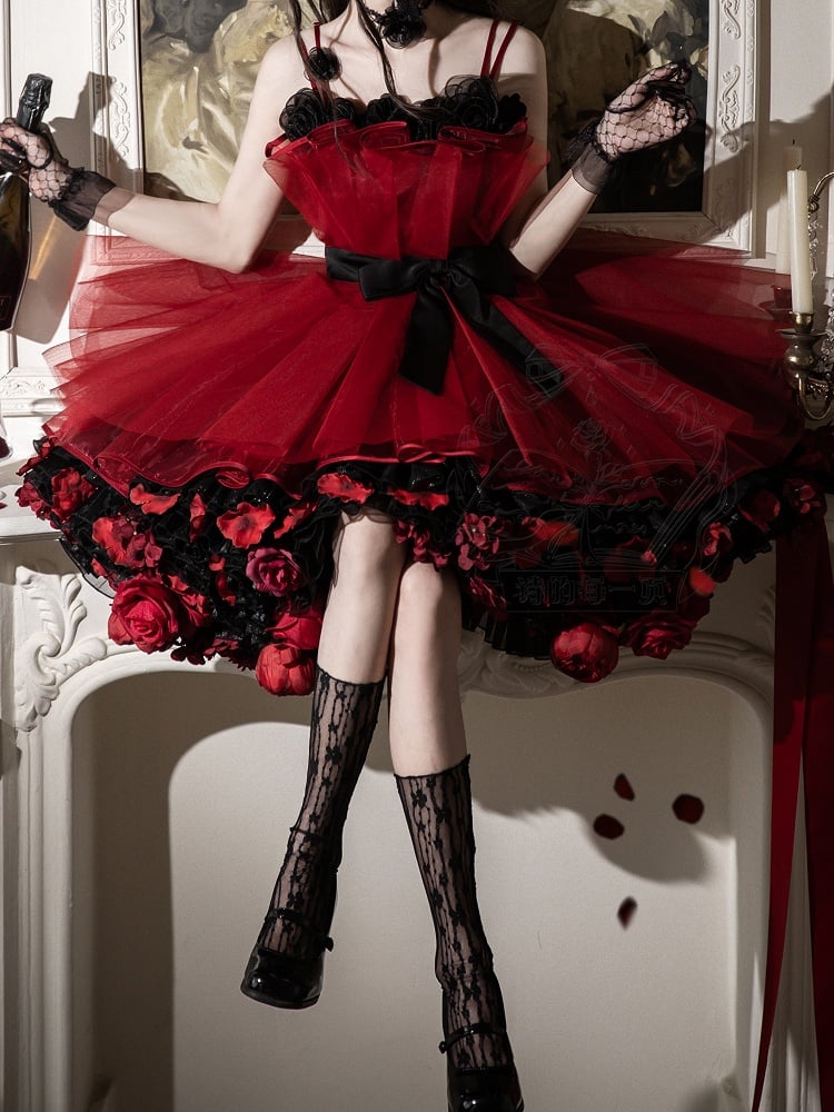 Black Dress Neckline Party Jumper Birthday Straps Floral Red and Lolita Skirt Spaghetti