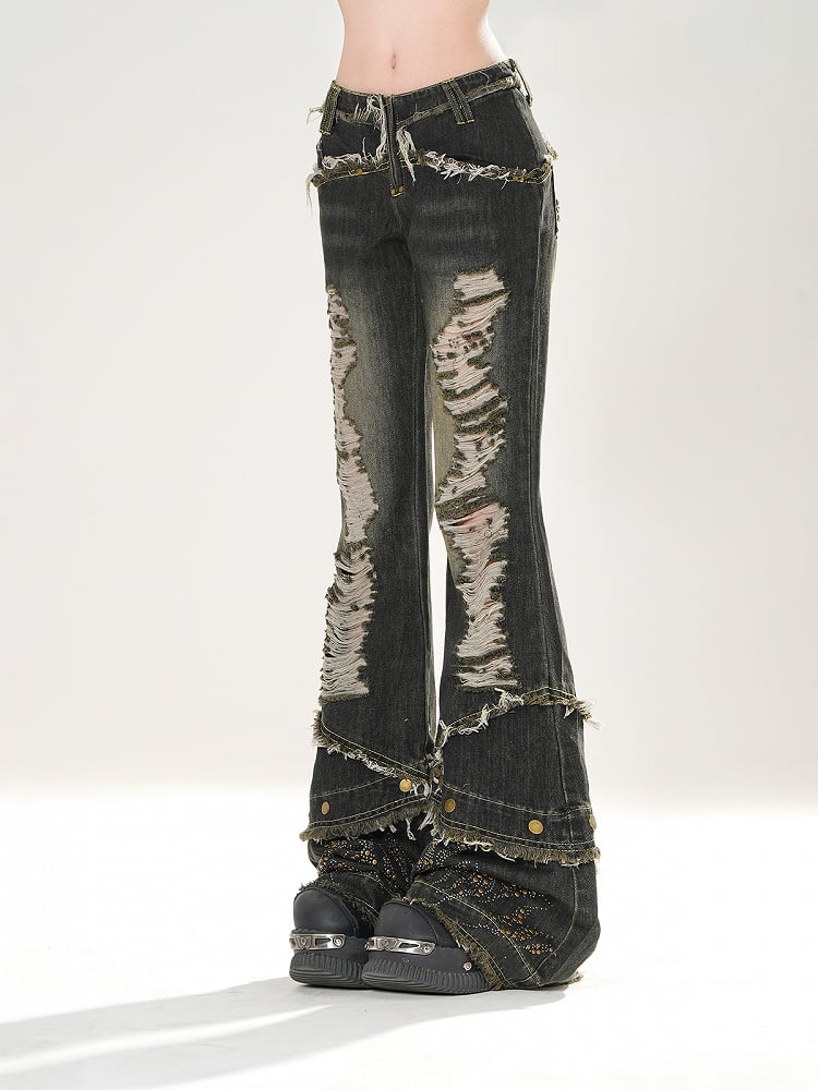 Waist Distressed Holes Flared Jeans Hem with Raw Black Low