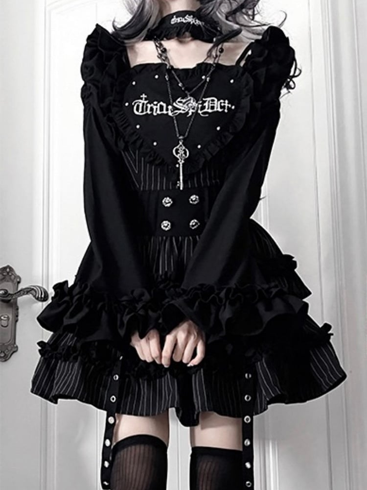 Pattern Off-the-shoulder Letter Neckline Print Bell Black Sleeves Striped Gothic Dress