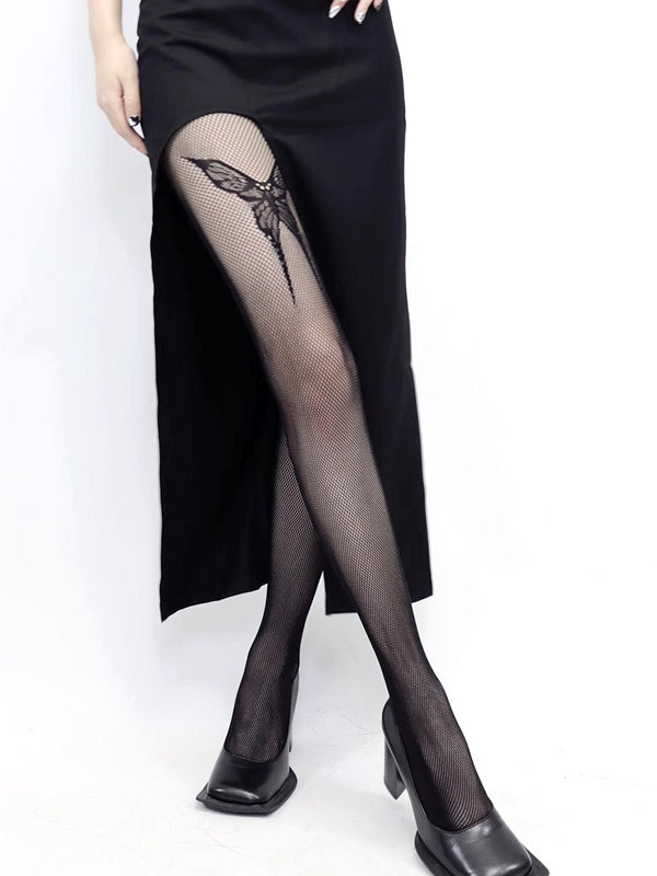 Schwarze Gothic-Netzstrumpfhose mit Schmetterlingsmuster