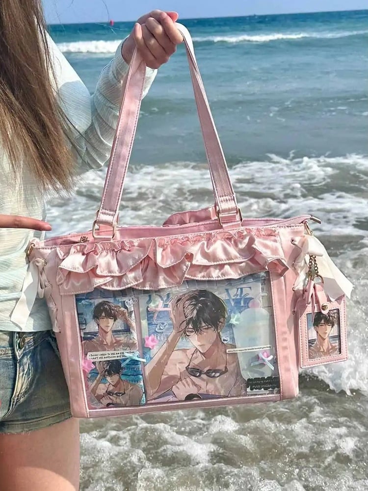With Satin Ita Card Bag Holder Bow Pink Straps Trims Self-tie Ruffle