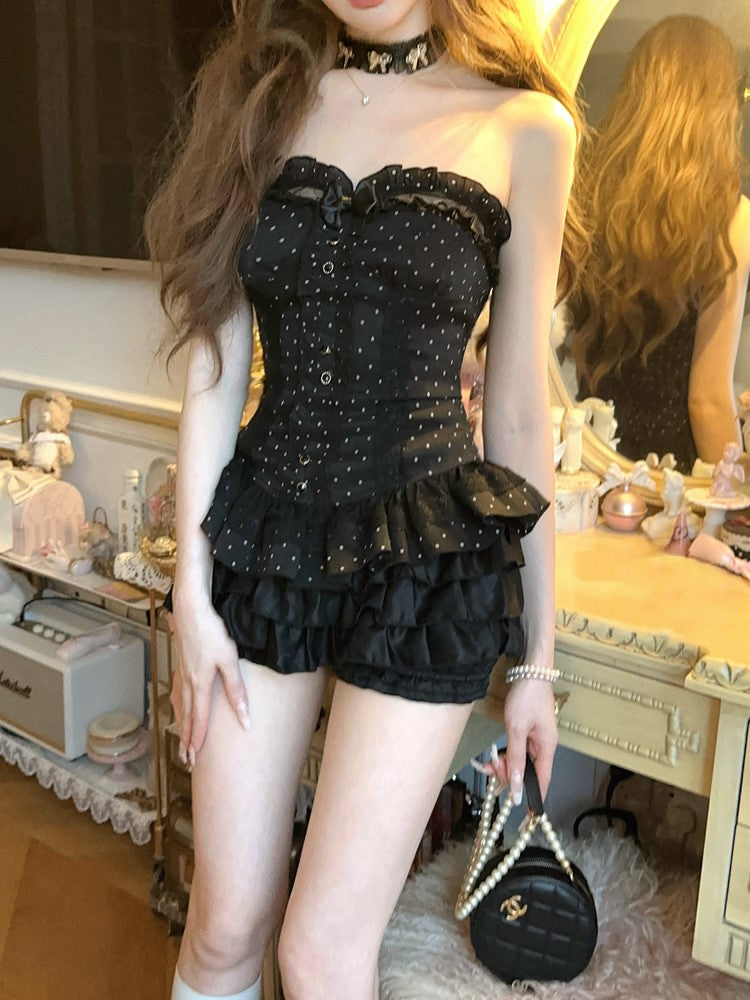 Corset Embroidery Bow Black Lace Bustier With Detachable Floral Ruffled