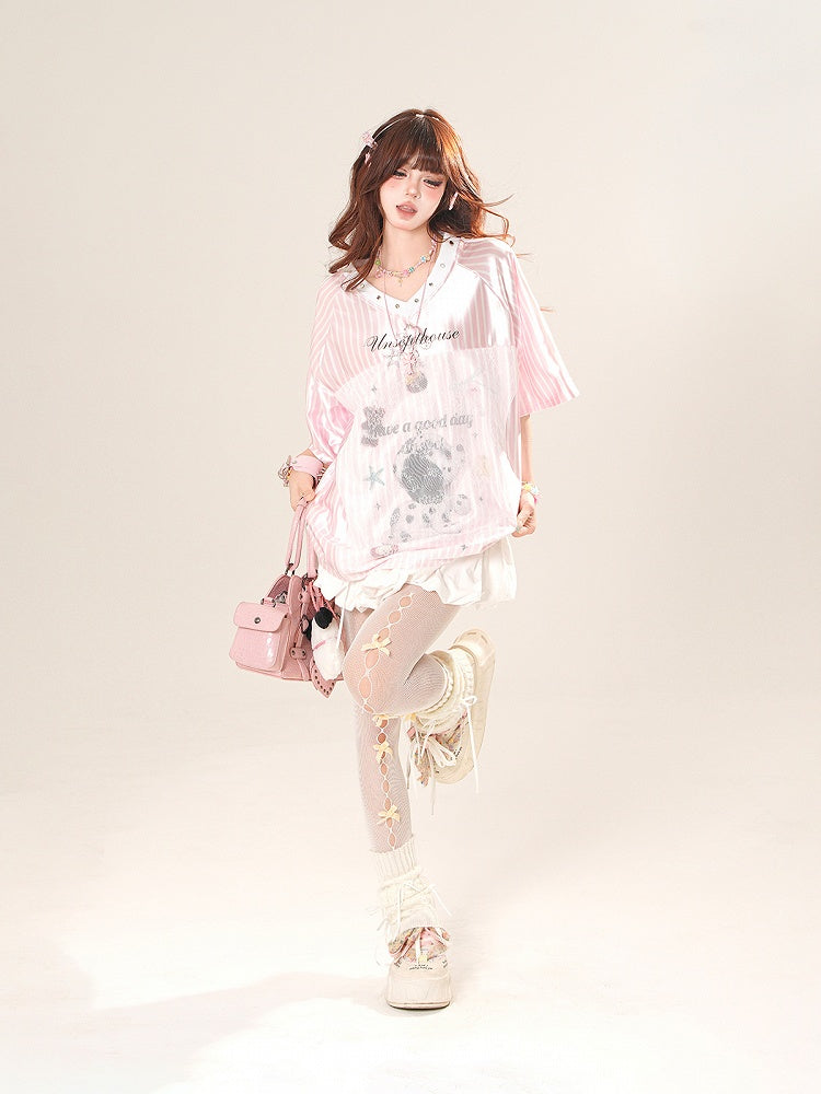 Pink/Silver Blokette Core V-Neck Striped T-Shirt