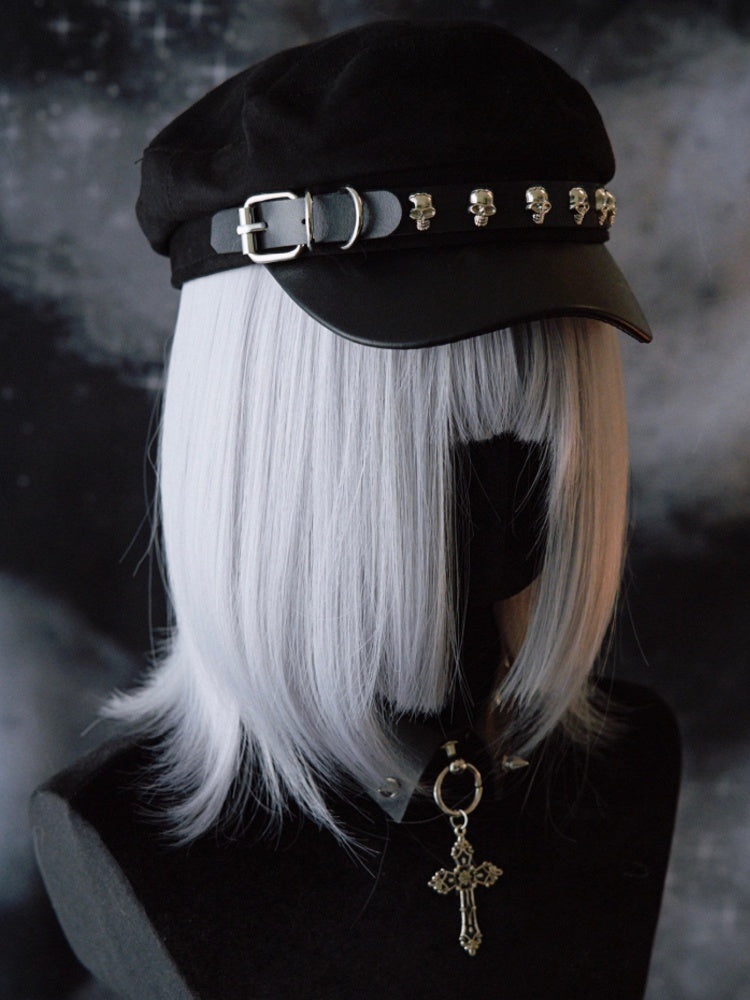 Baskenmütze Design Skelett verziert Schnalle schwarz Hut Gothic