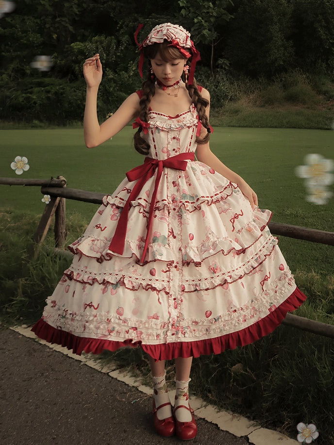 Kitty and Strawberry Print Spring and Summer Cottagecore Lolita Dress