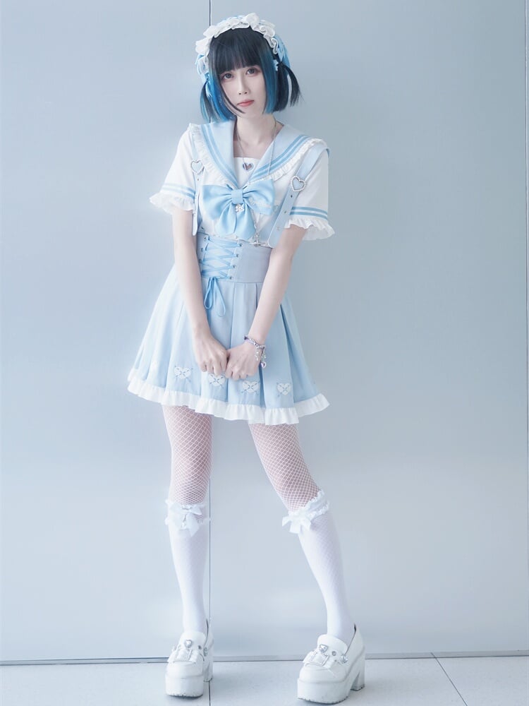 Jirai Kei Overalls Light Blue Heart Front Embroidery Lace-up