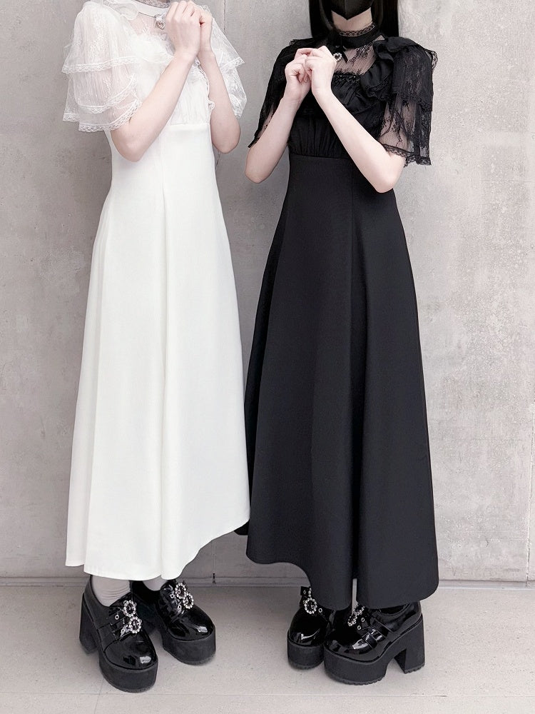 Jirai Kei Black/White Illusion Waist Neckline Ruffled High Lace Dress Trim