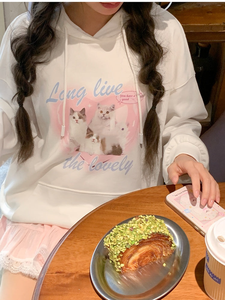 Weißer, lockerer Hoodie mit Katzen-Print