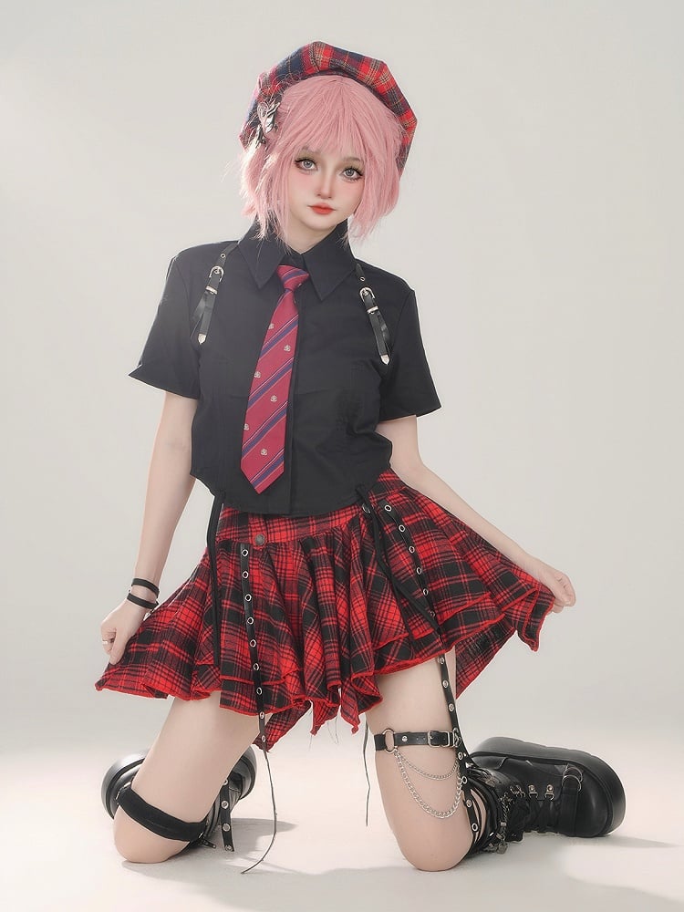 Mini Straps Red Skirt With Plaid Black Pleated Metal Punk Buckle