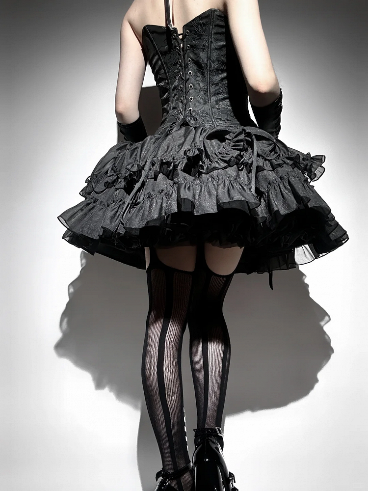 Lolita Drawstring Hem Skirt Gothic Black Kuro Ruffle