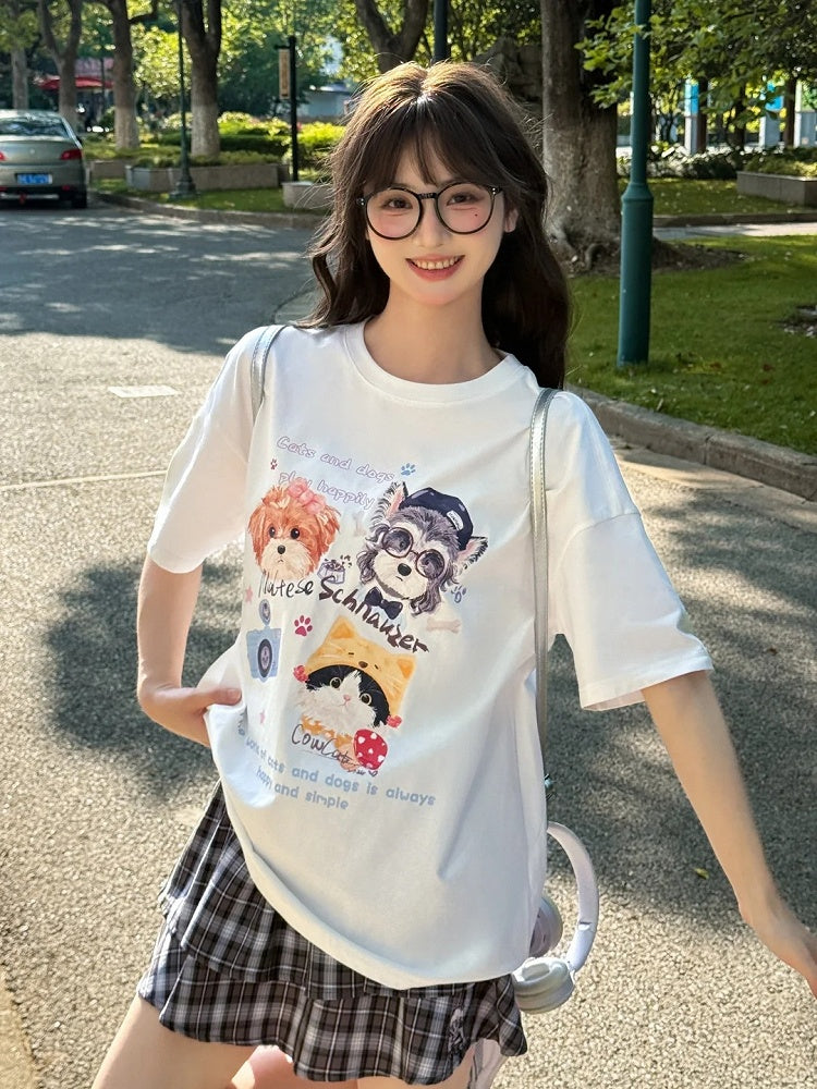 White/Black/Dark Blue Round Neck Puppy and Kitty Print Loose T-Shirt