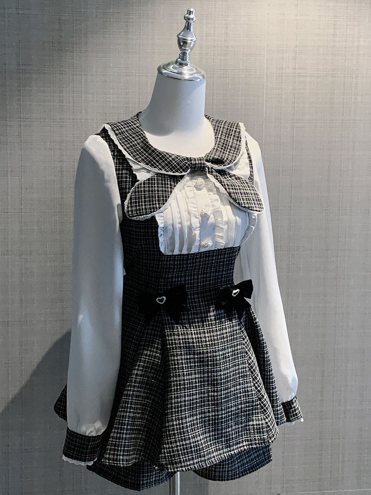 Bowknot Kei Plaid Details Jirai Black Outfit-Pleating Long + Top Shorts Sleeves Design