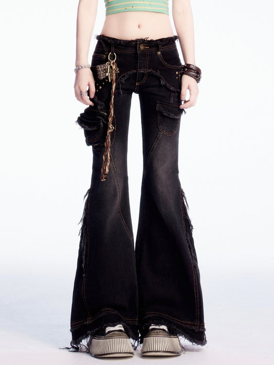 Black Low Waist Raw Hem Vintage Flared Cargo Jeans