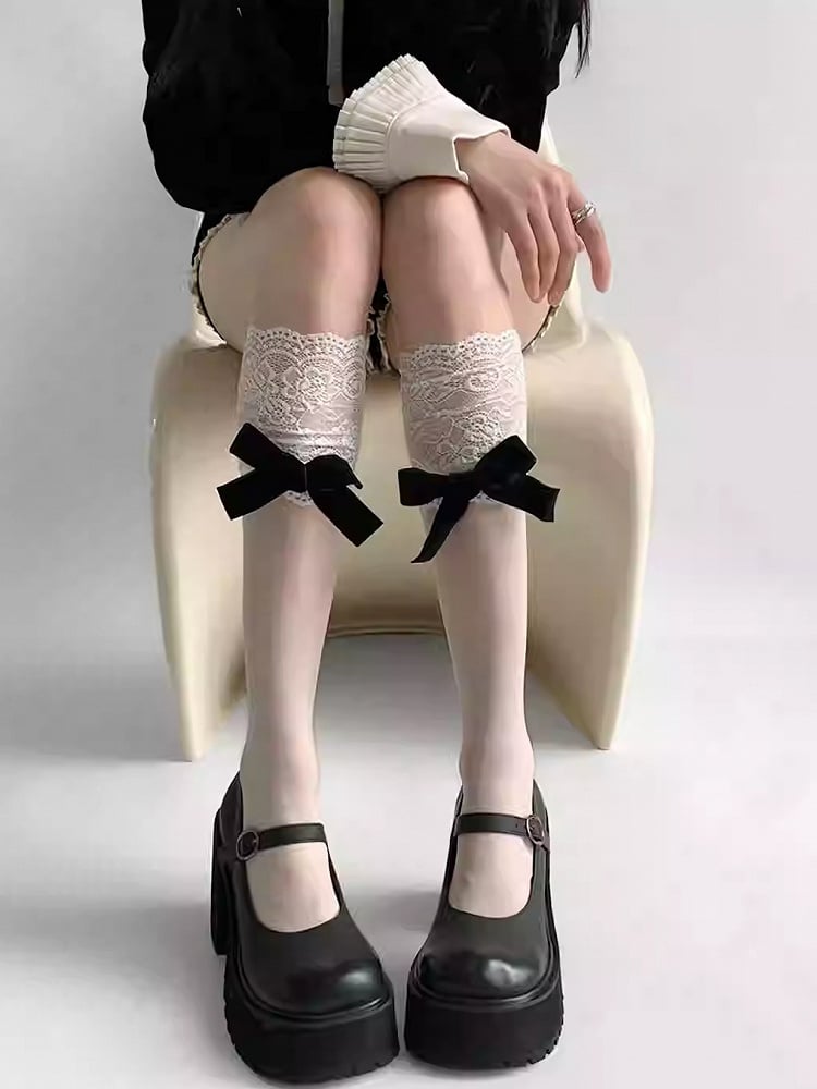 Lace Stockings Bowknot Black/White/Gray Under-knee Details Trim