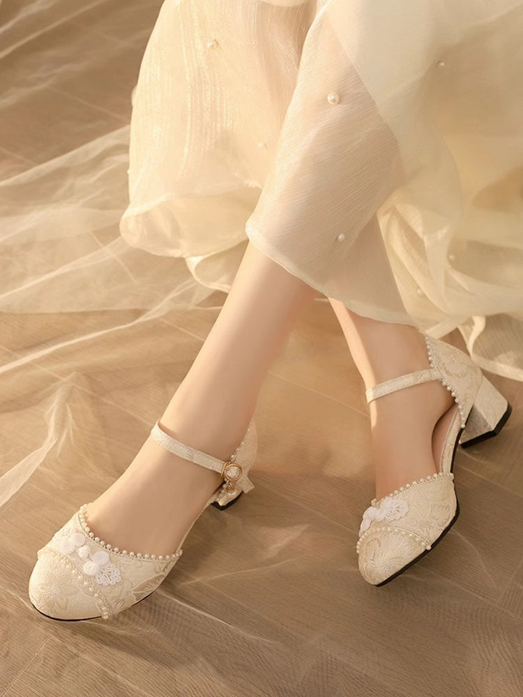 Beige Details - Floral Beads Button Lolita Sandals Mid-heel Frog Pattern Qi Satin