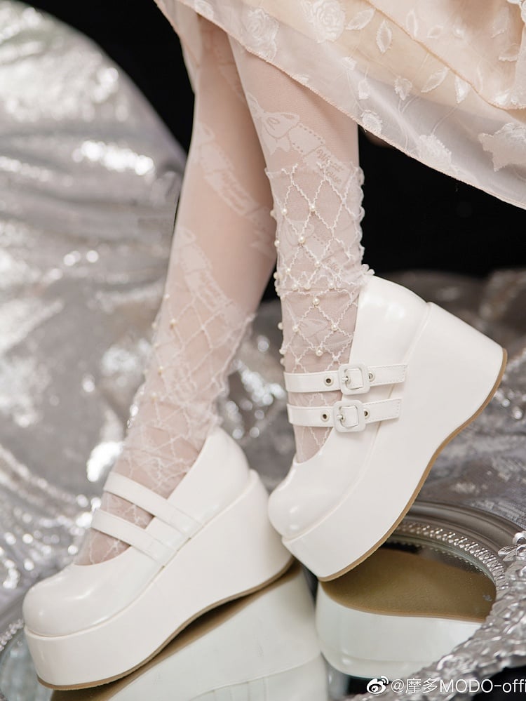 Sweet Straps White Platforms Buckle PU Lolita Dual with