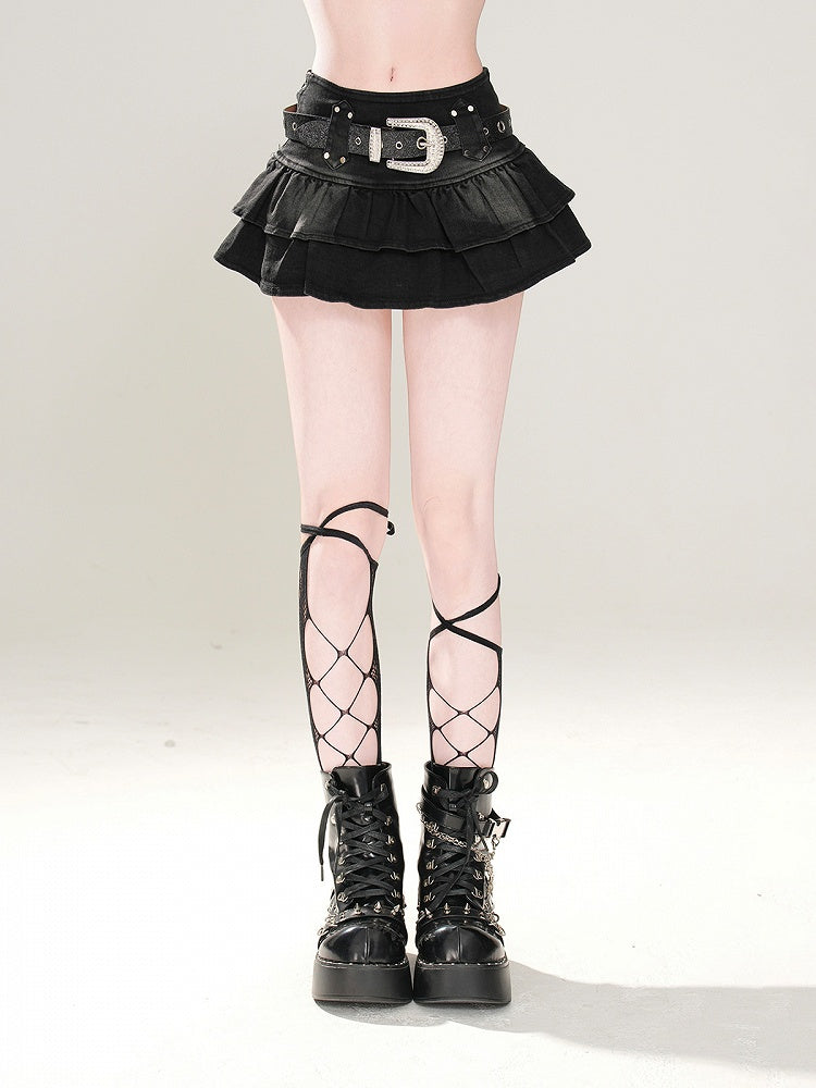 フリーティアードスカートベルトバックル裏地ブラックデニムグラマラス