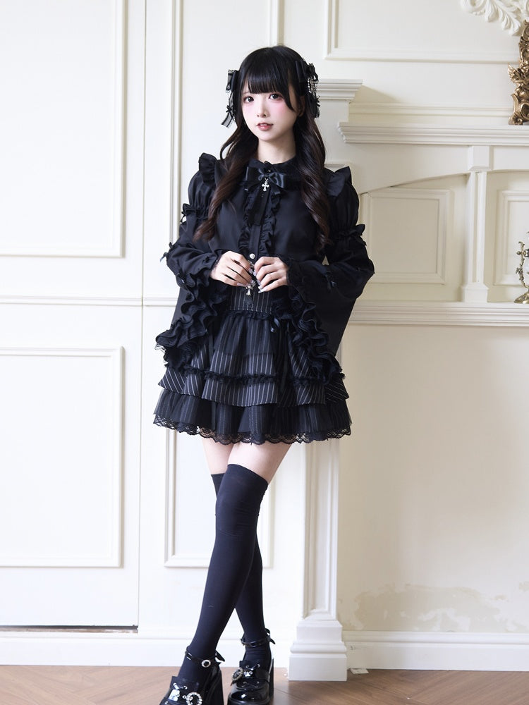 Jirai Kei Peter Sleeves Lolita Ruffled Lace Trim Pan Collar Black Blouse with Detachable Bell Gothic Bowknot
