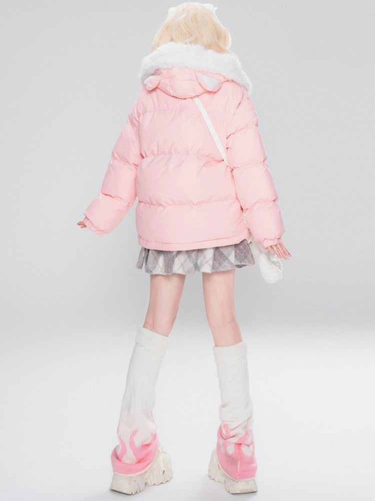 Schwarz/Rosa Pufferjacke mit Katzenohren-Design und Buchstaben