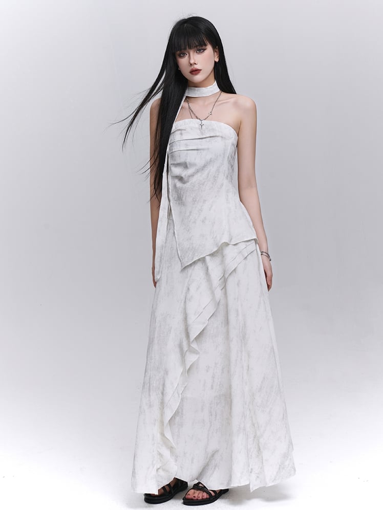 Off-white Side Strapless Top / Elastic Waist Scarf Slit with