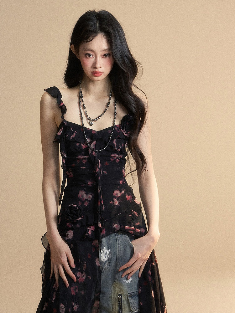 Black Sweetheart Neckline Sleeveless Top Asymmetrical Hem Chiffon Floral