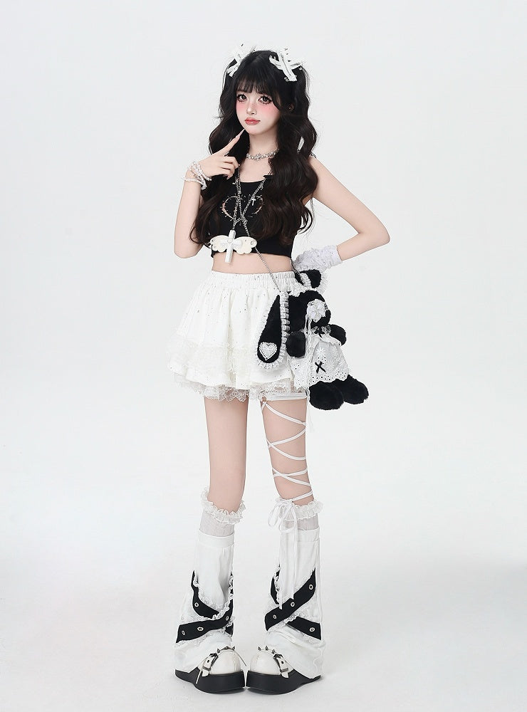 White Elastic Waist Tiered Skirt Trim Balletcore Lace