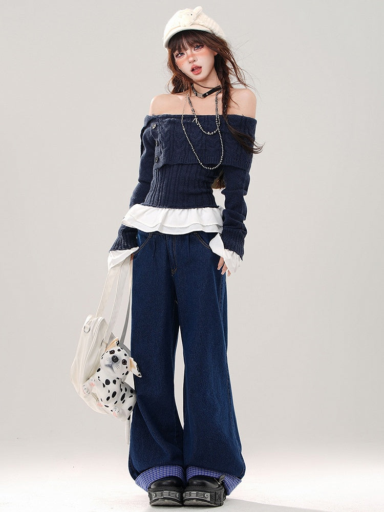 Grau/Marineblauer, schulterfreier Pullover mit schmaler Passform, Saum und Bündchen im Patchwork-Stil