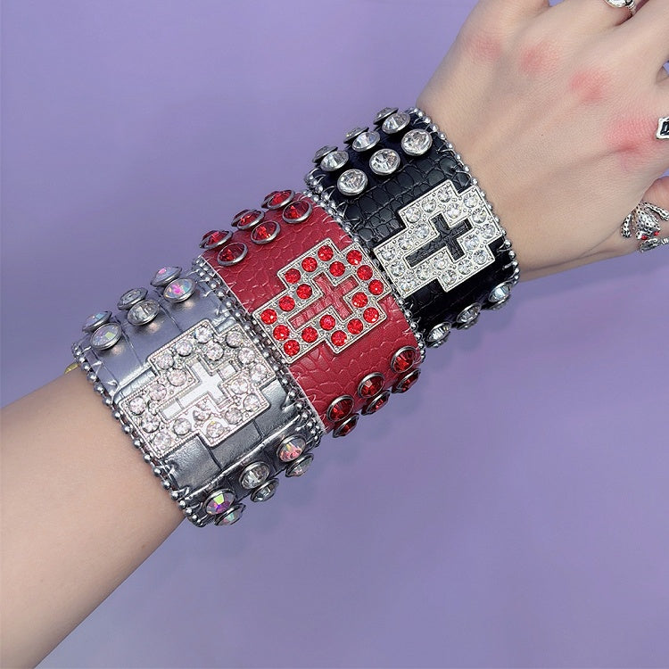 Rot/Schwarz/Silber Armband Y2K Strass Armband verziert Kreuz Design