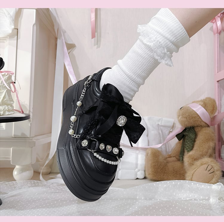 Top at Jirai Kei Black Bow Platform Sneakers with