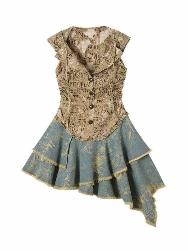 レタードカーキトップデニムハンカチスカートパンクフード付きドレス