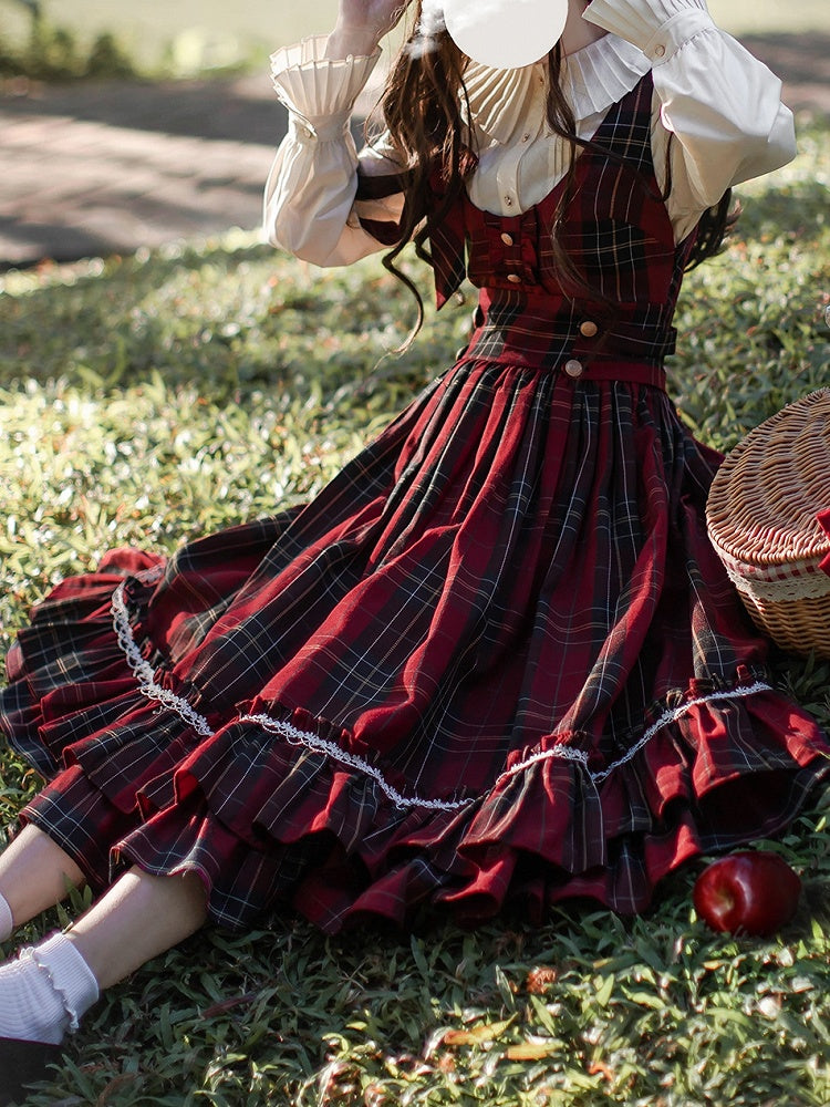 Bow Overall Plaid Dress High Red Waist Tie with