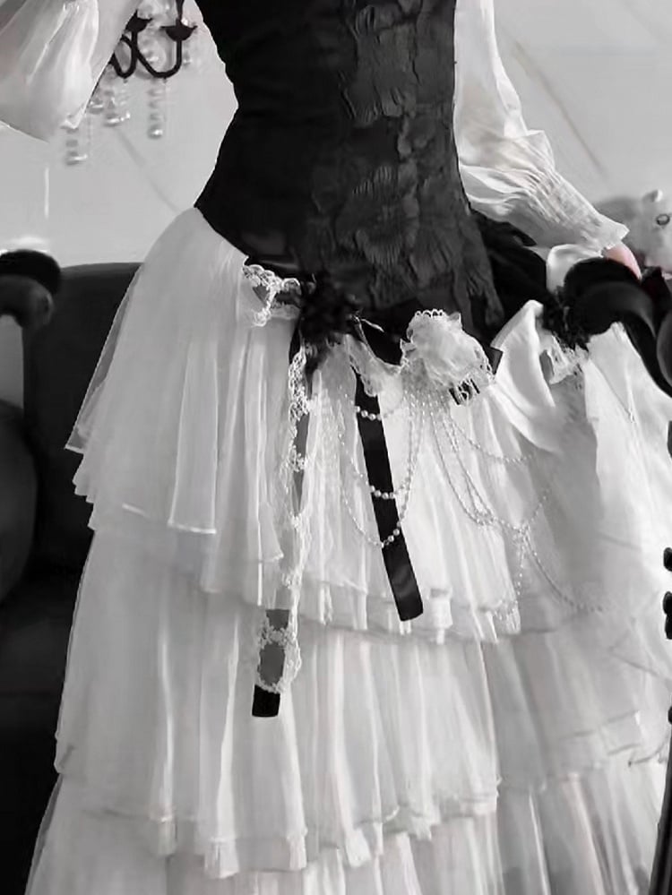 White and Chain Accessory Black Bead Bowknots Flowers