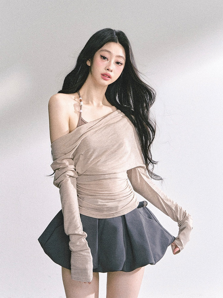 Pink/Khaki Asymmetrical Neckline Top Faux Two-pieces