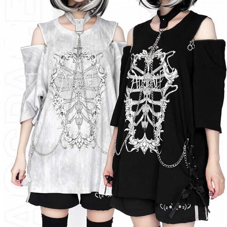 Choker T-Shirt Ribcage Gothic Shoulder Chain Coffin Print with Zip Detachable Convertible Black