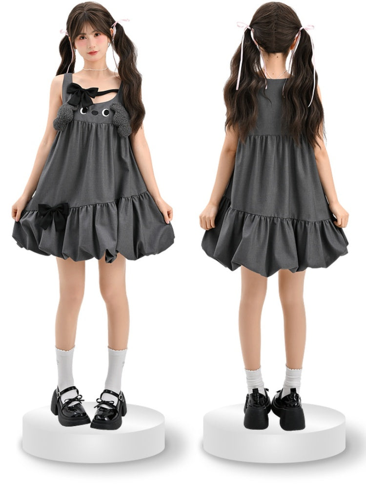 Design Bowknot Dress Bubble Skirt Accents Sleeveless Gray Plush Puppy Ears