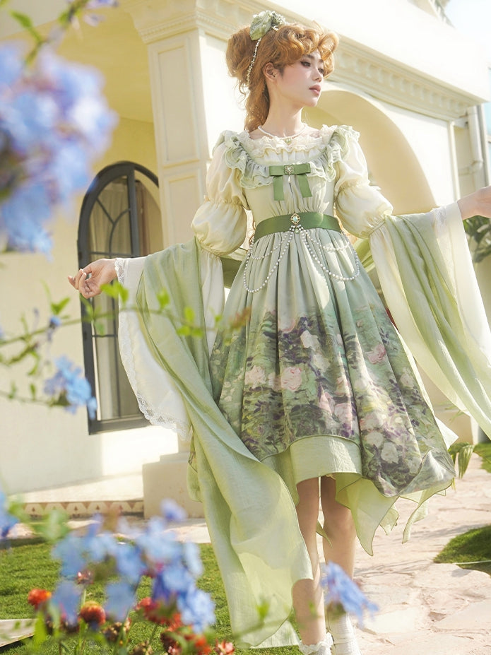 Hem JSK Set Painting Waist Print Handkerchief Lolita Roses Green Empire Oil