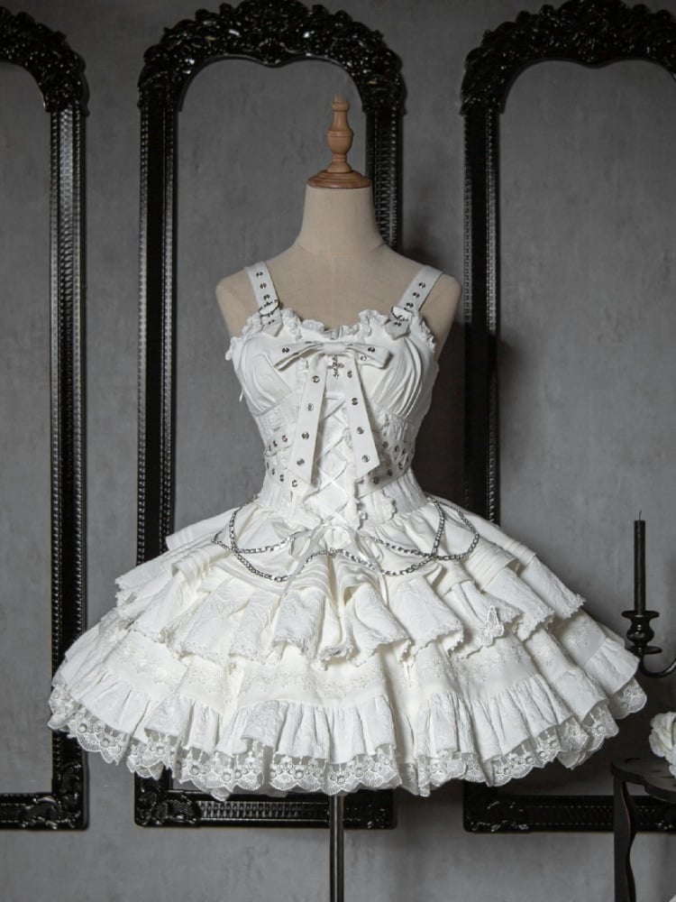 White Goth Short Jumper Skirt Adjustable Criss-cross Straps Waist