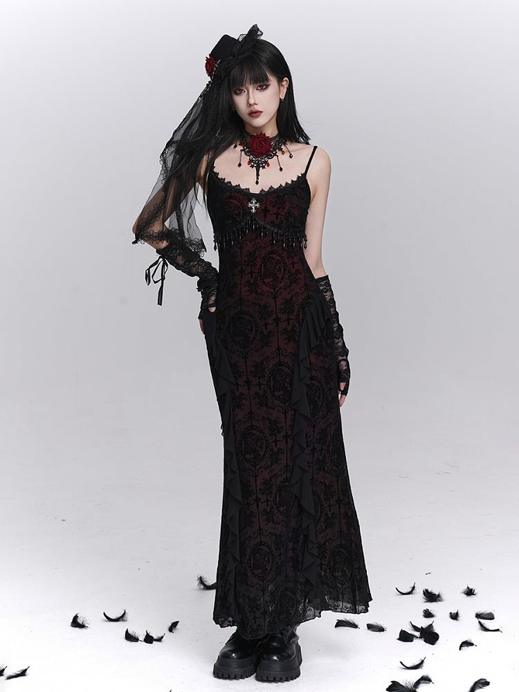 Kleid Cross Halloween Slip Schwarz mit Fransen Stickerei Meerjungfrau Detail Gothic