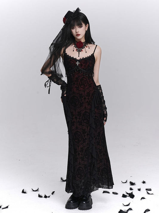 Kleid Cross Halloween Slip Schwarz mit Fransen Stickerei Meerjungfrau Detail Gothic