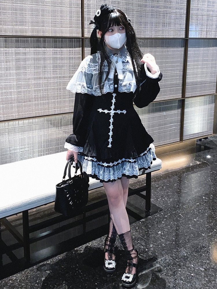 Skirt Rose Cross Landmine White/Black/Pink Embroidery Jirai Hem High Style Kei Lace Waist
