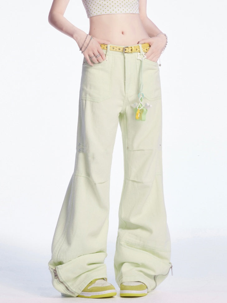 Pants Light Green Low Waist Zip Cuffs Wide-leg Cargo